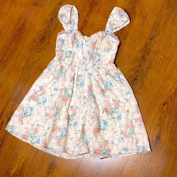 🎀 Blue & Pink Floral Babydoll Dress w/ White Floral Embroidery Overlay 🎀 NWT - Picture 2 of 11